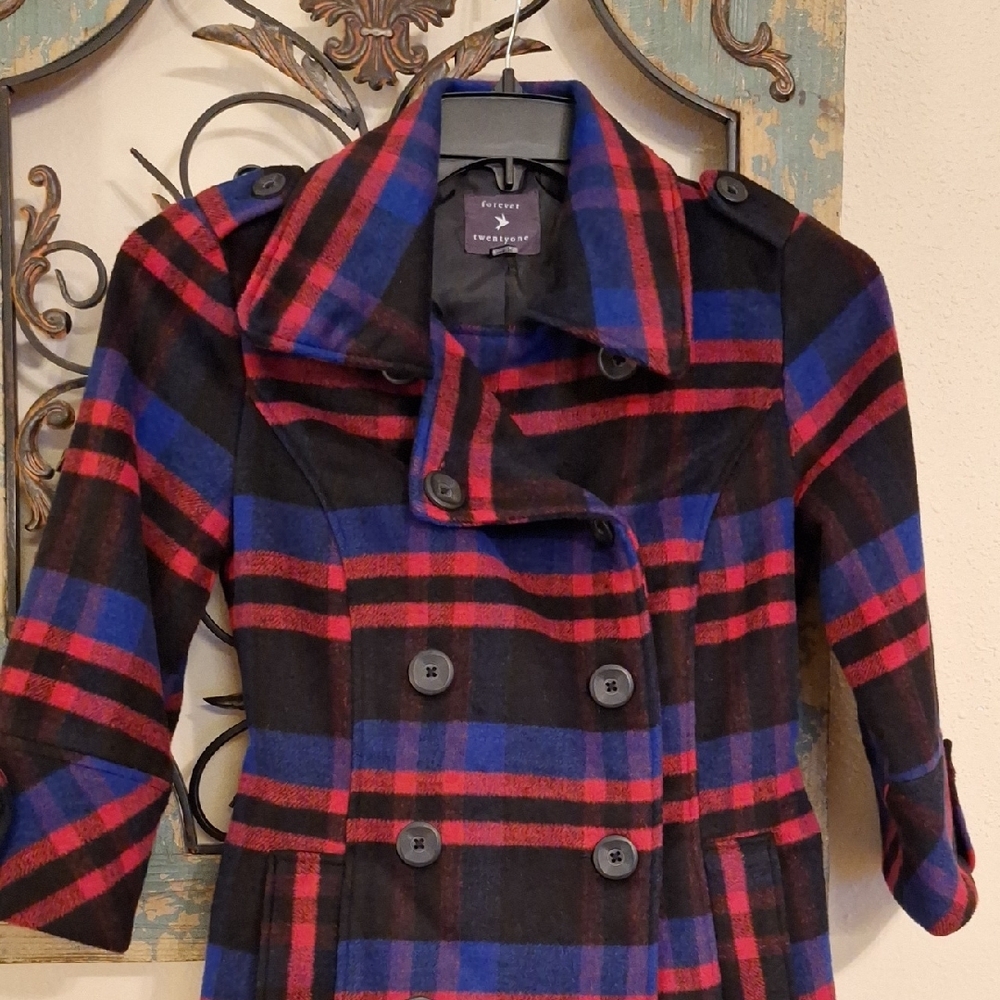 🔥🔥CLEARANCE🔥🔥 Forever 21 Chic Double-Breasted Plaid Pea Coat. Size Small - Picture 5 of 11